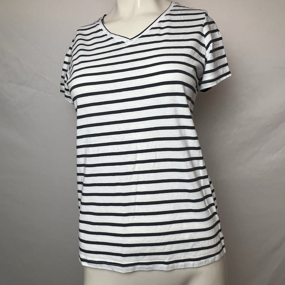 Women's Duluth Top T-Shirt Short Sleeve 100% Cotton White Navy Blue Stripe XS